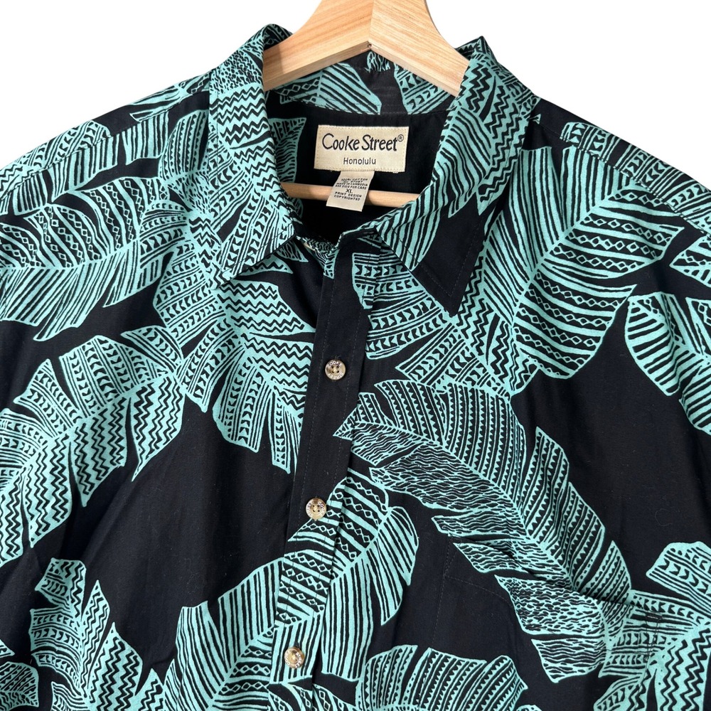 Cooke Street Honolulu Mens XL Hawaiian Shirt Black Teal Banana Leaf Cotton Aloha